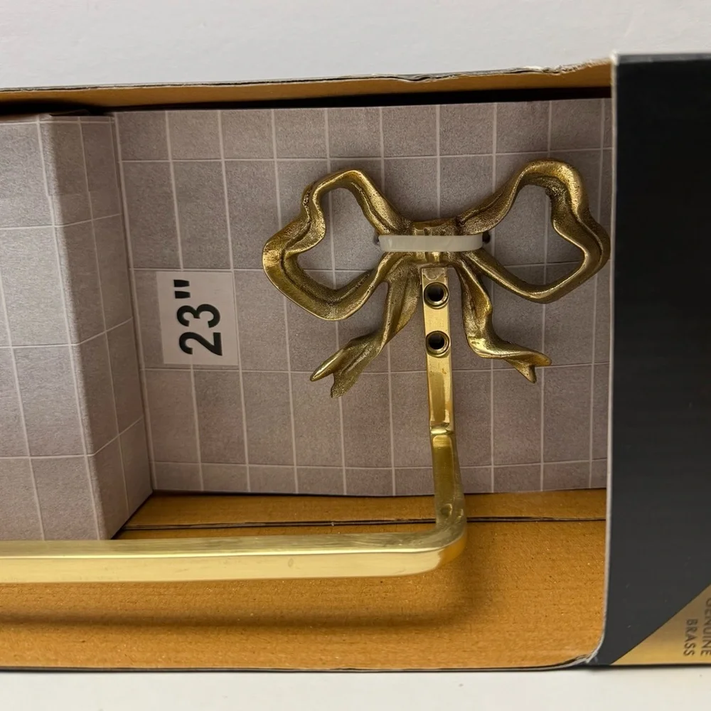 TAHARI Home Brass Ribbon Bow Bathroom Towel Bar Rack 23” NEW